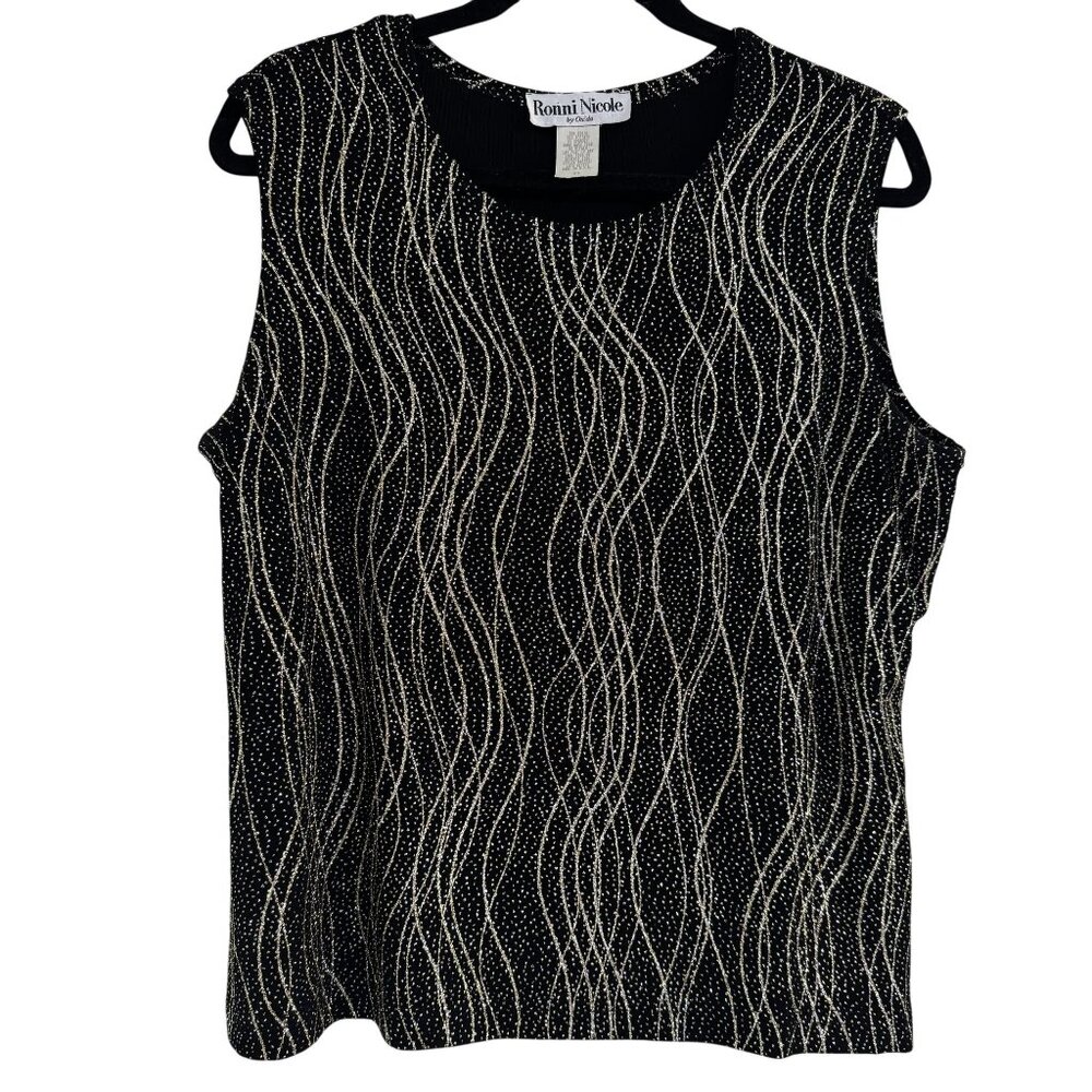 Ronni Nicole Womens Black Gold Glitter Stretch Sleeveless Tank Top Size XL